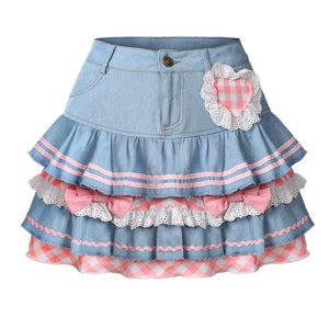 Kawaii Harajuku Japanese-themed Lolita Mini Denim Checked Women's Skirt-Kawaii Dream