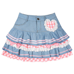 Kawaii Harajuku Japanese-themed Lolita Mini Denim Checked Women's Skirt-Kawaii Dream
