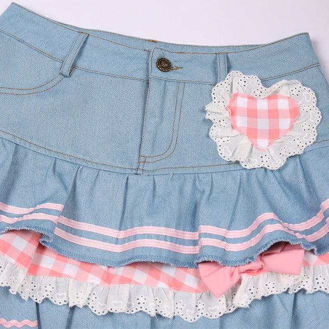 Kawaii Harajuku Japanese-themed Lolita Mini Denim Checked Women's Skirt-Kawaii Dream