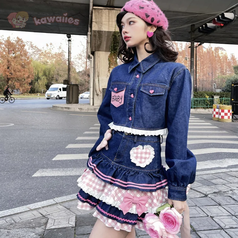 Kawaii Harajuku Japanese-themed Lolita Mini Denim Checked Women's Skirt-Kawaii Dream