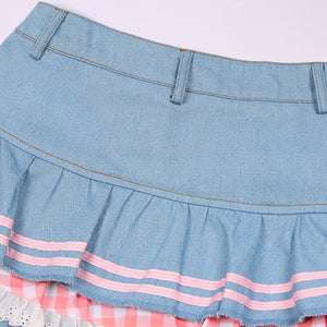 Kawaii Harajuku Japanese-themed Lolita Mini Denim Checked Women's Skirt-Kawaii Dream