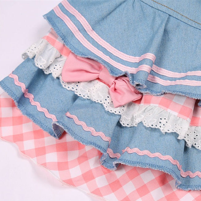 Kawaii Harajuku Japanese-themed Lolita Mini Denim Checked Women's Skirt-Kawaii Dream