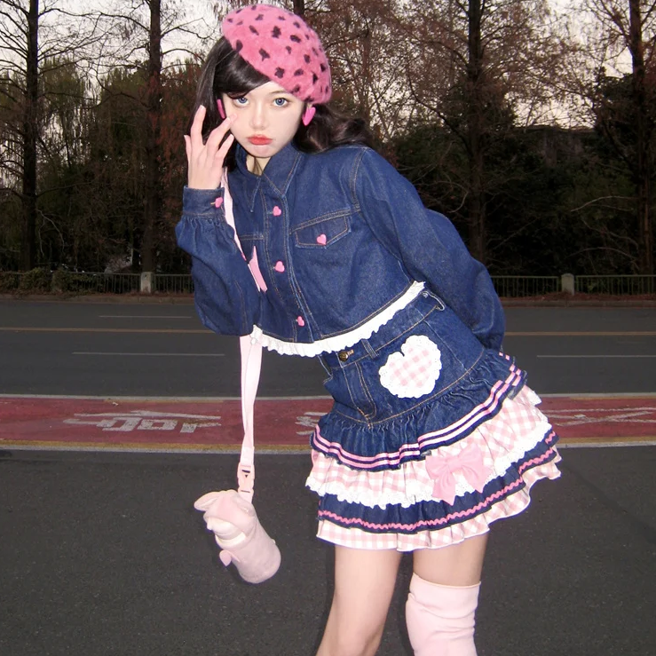 Kawaii Harajuku Japanese-themed Lolita Mini Denim Checked Women's Skirt-Kawaii Dream