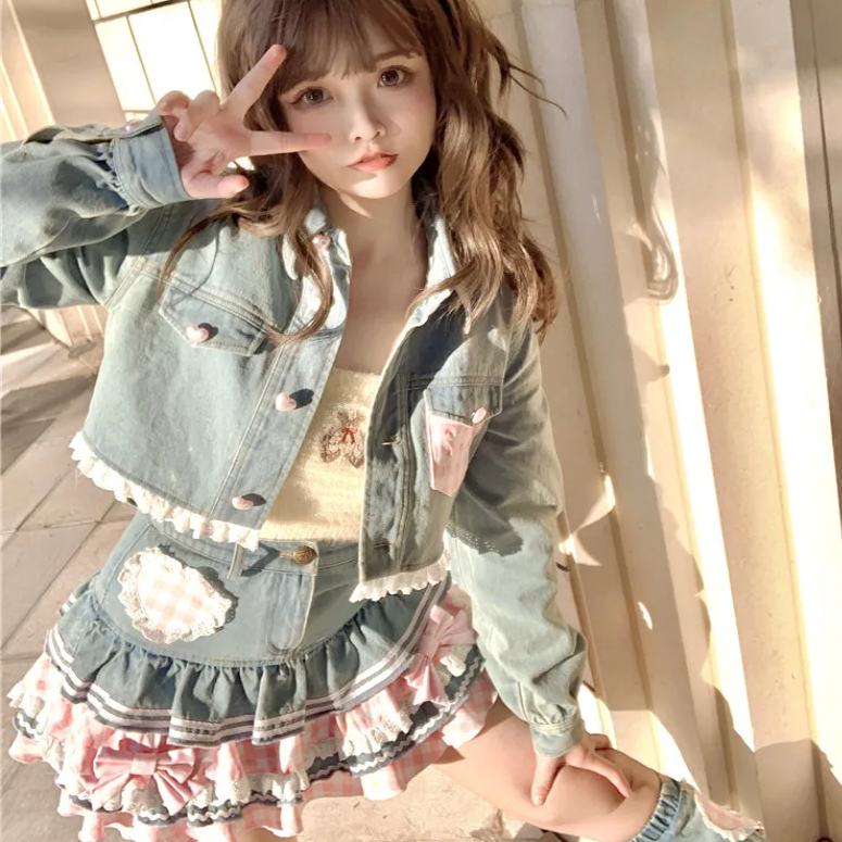 Kawaii Harajuku Japanese-themed Lolita Mini Denim Checked Women's Skirt-Kawaii Dream