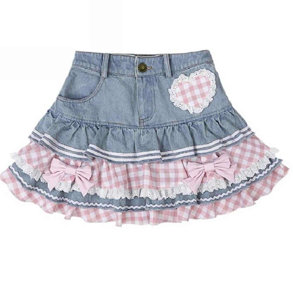 Kawaii Harajuku Japanese-themed Lolita Mini Denim Checked Women's Skirt-Kawaii Dream
