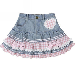 Kawaii Harajuku Japanese-themed Lolita Mini Denim Checked Women's Skirt-Kawaii Dream