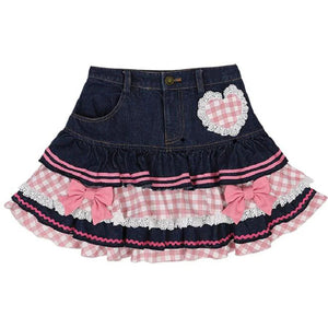 Kawaii Harajuku Japanese-themed Lolita Mini Denim Checked Women's Skirt-Kawaii Dream