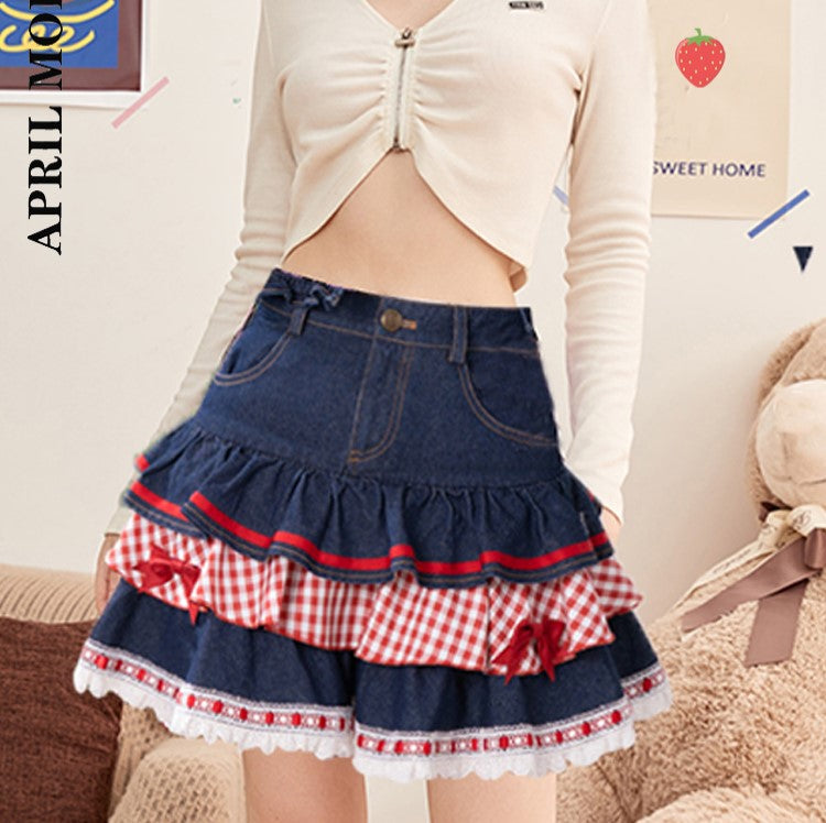 Kawaii Harajuku Japanese-themed Lolita Mini Denim Checked Women's Skirt-Kawaii Dream