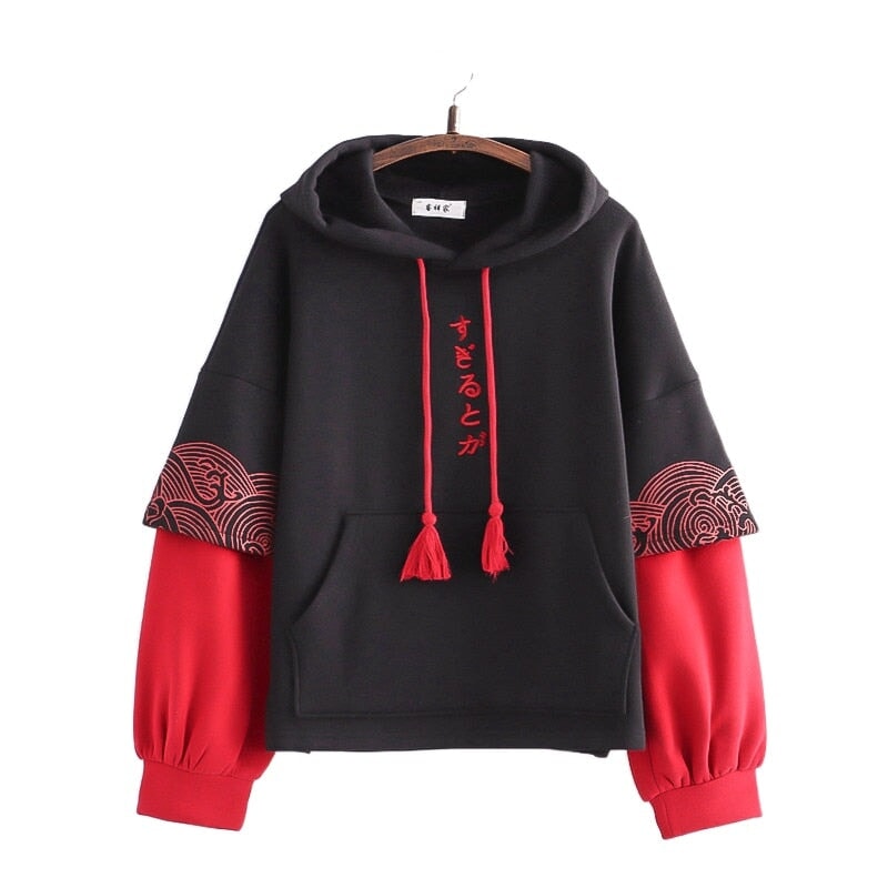 Kawaii Japanese Kanji Embroidery Wave Hoodie-Kawaii Dream