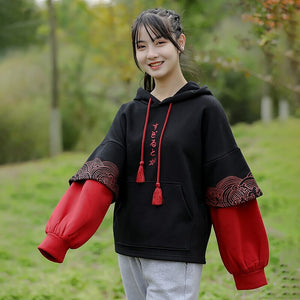 Kawaii Japanese Kanji Embroidery Wave Hoodie-Kawaii Dream