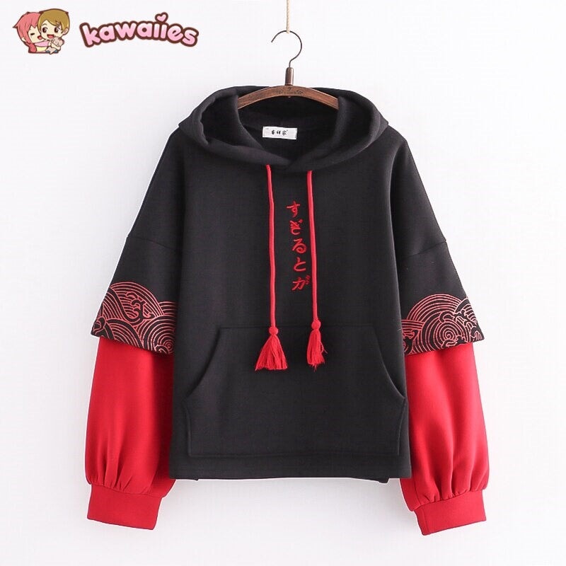 Kawaii Japanese Kanji Embroidery Wave Hoodie-Kawaii Dream