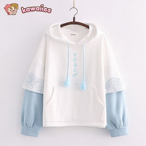 Kawaii Japanese Kanji Embroidery Wave Hoodie-Kawaii Dream