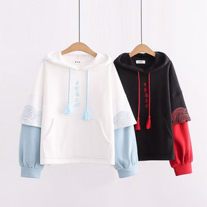 Kawaii Japanese Kanji Embroidery Wave Hoodie-Kawaii Dream