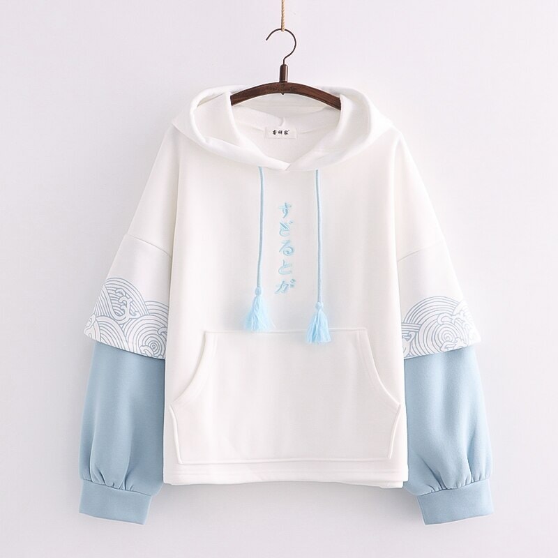 Kawaii Japanese Kanji Embroidery Wave Hoodie-Kawaii Dream