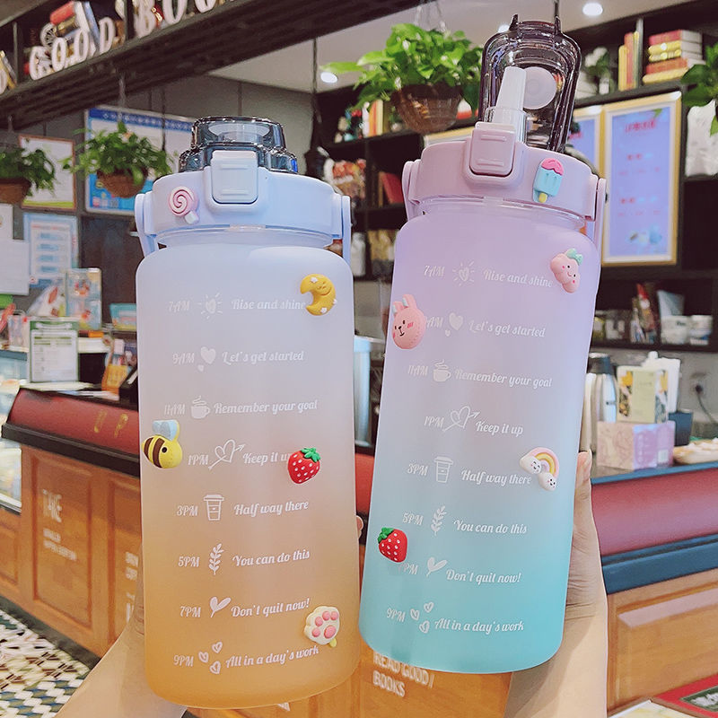 Kawaii Jumbo Plastic 2000ml Water Bottle With Time Marker & Straw-Kawaii Dream
