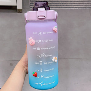 Kawaii Jumbo Plastic 2000ml Water Bottle With Time Marker & Straw-Kawaii Dream