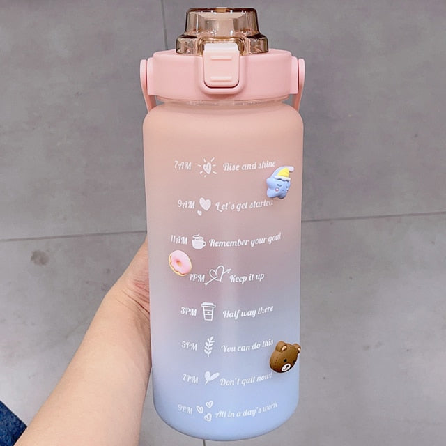Kawaii Jumbo Plastic 2000ml Water Bottle With Time Marker & Straw-Kawaii Dream