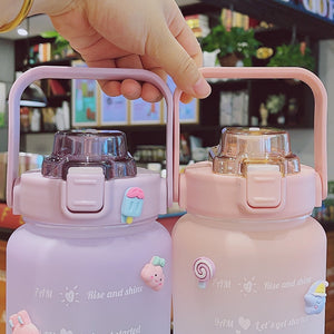 Kawaii Jumbo Plastic 2000ml Water Bottle With Time Marker & Straw-Kawaii Dream