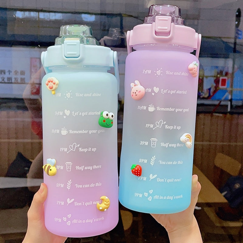Kawaii Jumbo Plastic 2000ml Water Bottle With Time Marker & Straw-Kawaii Dream