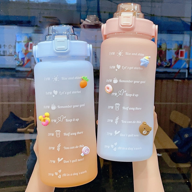 Kawaii Jumbo Plastic 2000ml Water Bottle With Time Marker & Straw-Kawaii Dream