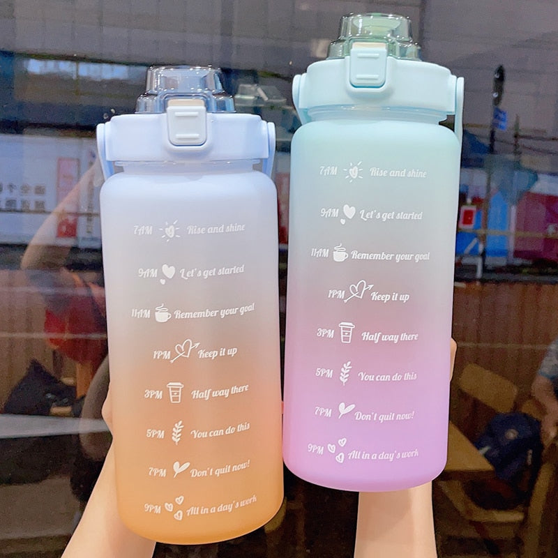 Kawaii Jumbo Plastic 2000ml Water Bottle With Time Marker & Straw-Kawaii Dream