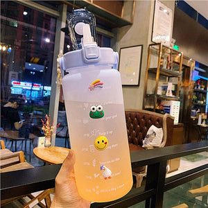 Kawaii Jumbo Plastic 2000ml Water Bottle With Time Marker & Straw-Kawaii Dream