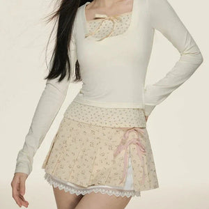Kawaii Lace Bow Mini Ruffle Skirt-Kawaii Dream