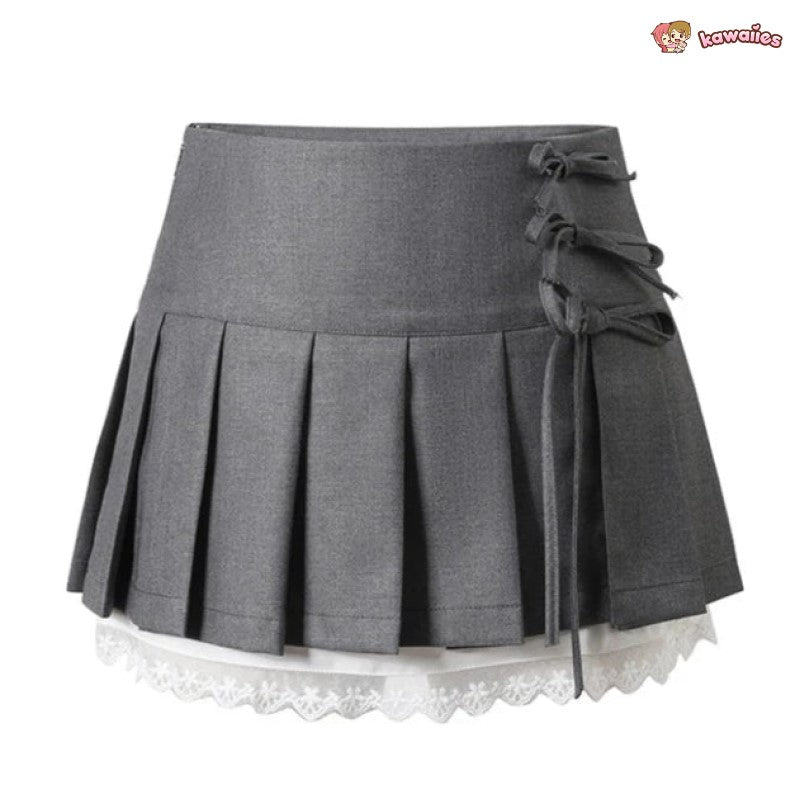 Kawaii Lace Bow Mini Ruffle Skirt-Kawaii Dream