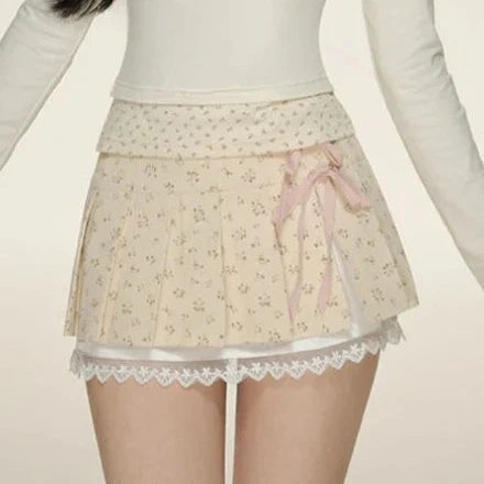 Kawaii Lace Bow Mini Ruffle Skirt-Kawaii Dream