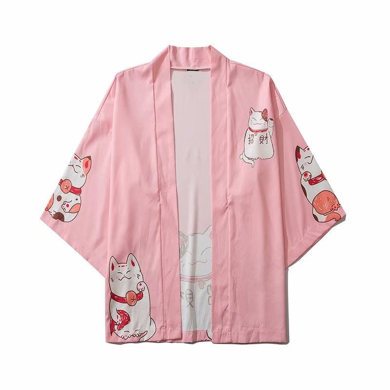 Kawaii Lucky Cat Black Pink Japanese Short Kimono-Kawaii Dream