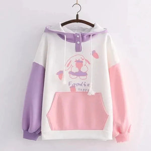 Kawaii Pink Purple White Bunny Strawberry Three-tone Hoodie-Kawaii Dream