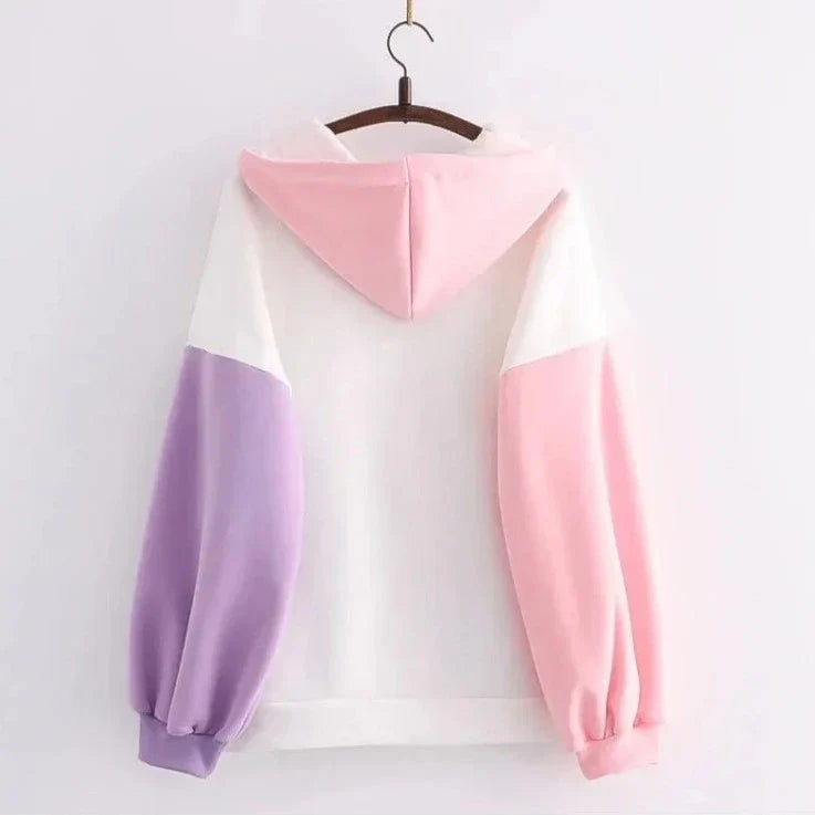 Kawaii Pink Purple White Bunny Strawberry Three-tone Hoodie-Kawaii Dream