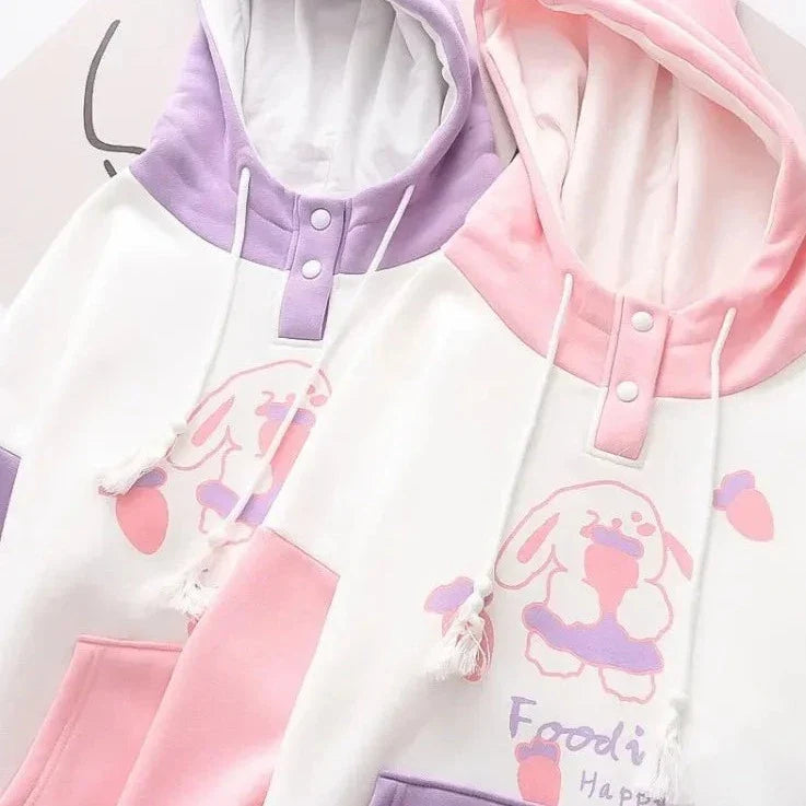 Kawaii Pink Purple White Bunny Strawberry Three-tone Hoodie-Kawaii Dream