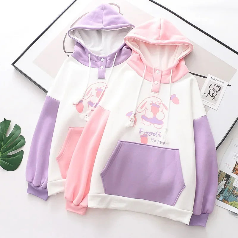 Kawaii Pink Purple White Bunny Strawberry Three-tone Hoodie-Kawaii Dream