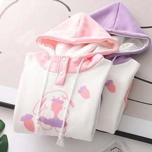 Kawaii Pink Purple White Bunny Strawberry Three-tone Hoodie-Kawaii Dream
