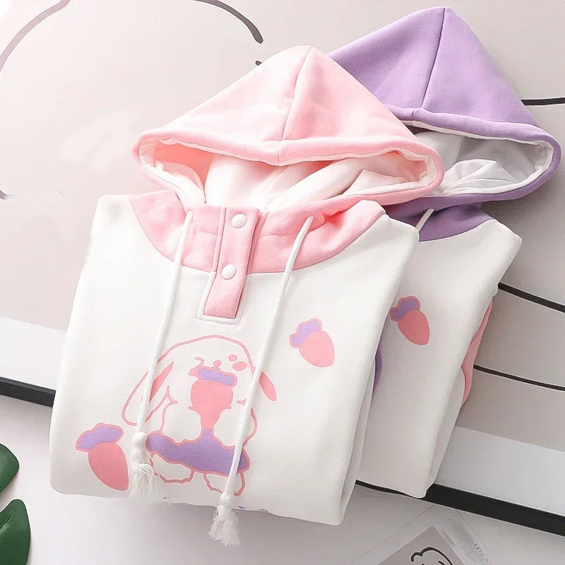 Kawaii Pink Purple White Bunny Strawberry Three-tone Hoodie-Kawaii Dream