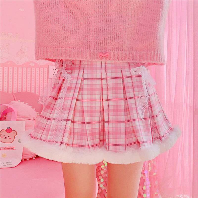 Kawaii Pleated Mini Pink Women Skirt with Lace, Fur, & Shorts-Kawaii Dream