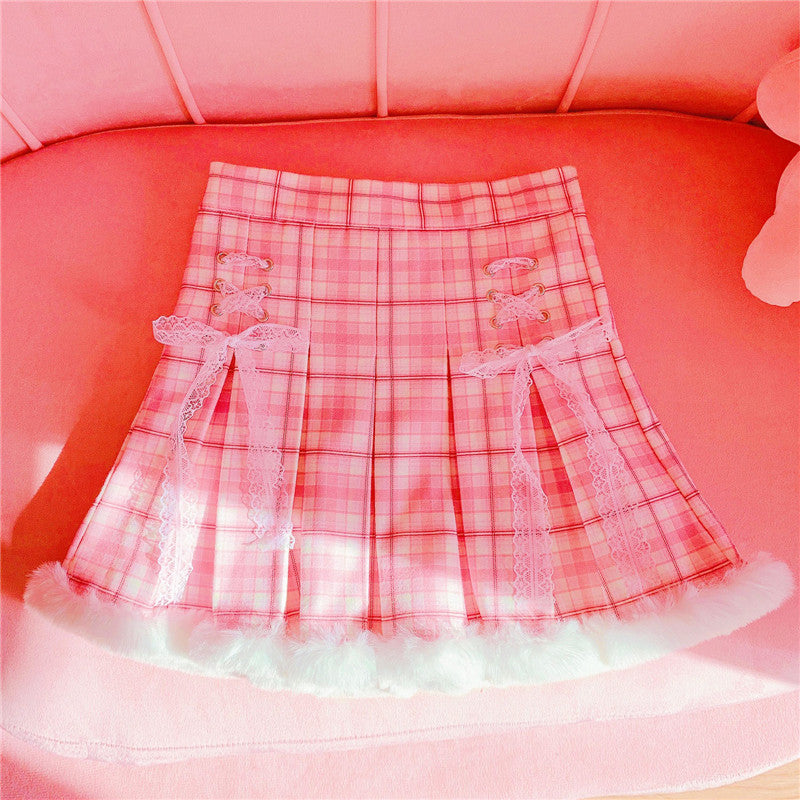 Kawaii Pleated Mini Pink Women Skirt with Lace, Fur, & Shorts-Kawaii Dream