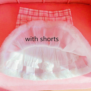 Kawaii Pleated Mini Pink Women Skirt with Lace, Fur, & Shorts-Kawaii Dream