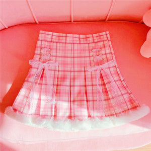 Kawaii Pleated Mini Pink Women Skirt with Lace, Fur, & Shorts-Kawaii Dream