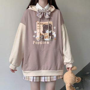 Kawaii Popcorn Brown Bear Loose Fit Two-Tone Hoodie-Kawaii Dream