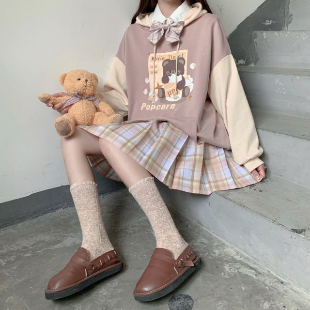 Kawaii Popcorn Brown Bear Loose Fit Two-Tone Hoodie-Kawaii Dream