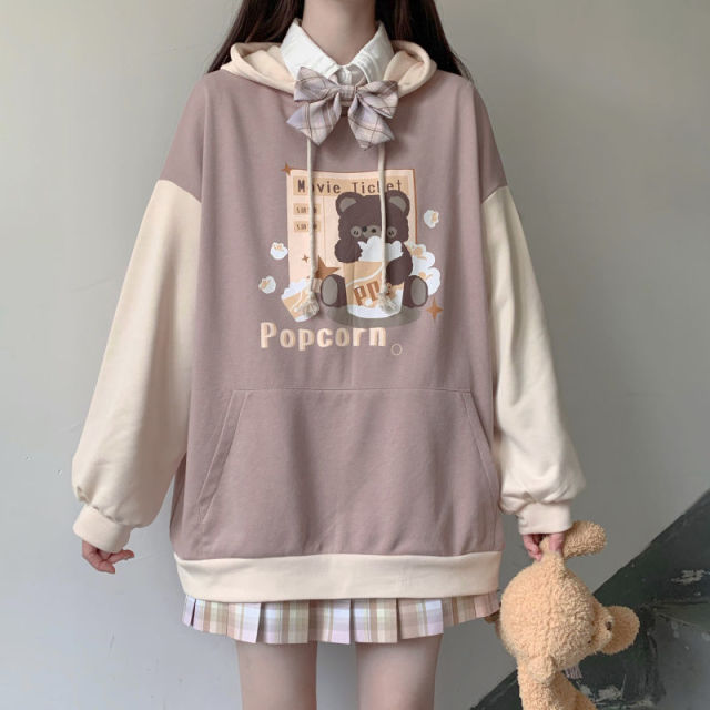 Kawaii Popcorn Brown Bear Loose Fit Two-Tone Hoodie-Kawaii Dream