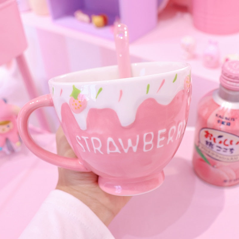 Kawaii Strawberry Milk Mug with Spoon-Kawaii Dream