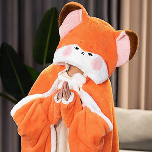 Lovely Orange Fox Plush Cape Hoodie Blanket-Kawaii Dream