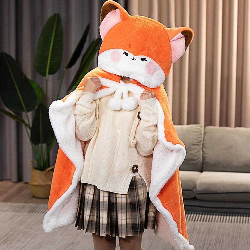 Lovely Orange Fox Plush Cape Hoodie Blanket-Kawaii Dream