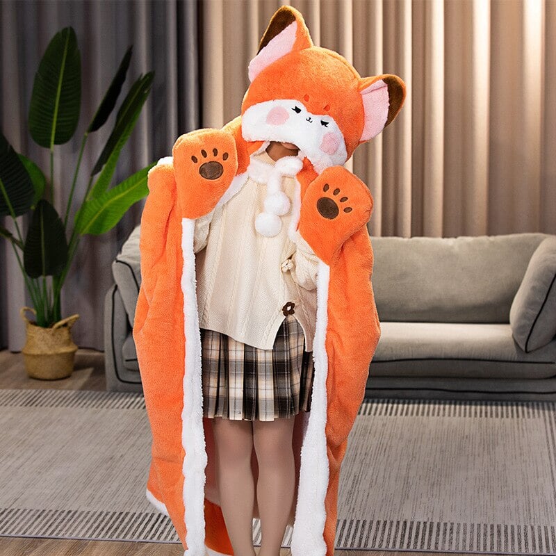 Lovely Orange Fox Plush Cape Hoodie Blanket-Kawaii Dream