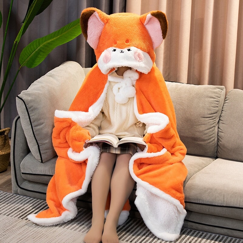 Lovely Orange Fox Plush Cape Hoodie Blanket-Kawaii Dream