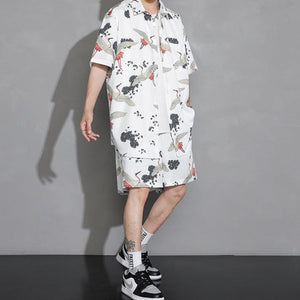 Men's Crane Print Shirt & Shorts Short Sleeve Shirt-Kawaii Dream