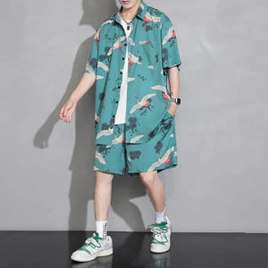 Men's Crane Print Shirt & Shorts Short Sleeve Shirt-Kawaii Dream